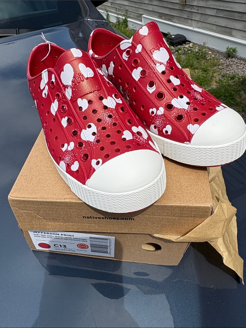 Native Kids Jefferson Slip-On Shoe in Red with White Hearts 13 Kids
